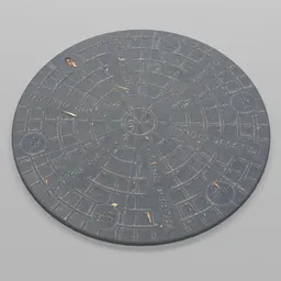 "Manhole Cover Circular Metallic - 3D Model for Blender 3D. This high-quality cityspace asset features a circular design with a gray surface, inspired by the engineering blueprints and pavements found in the sewers of London. Ideal for architectural and urban projects, this 3D print-ready model showcases a realistic texture created using Substance Designer height map."