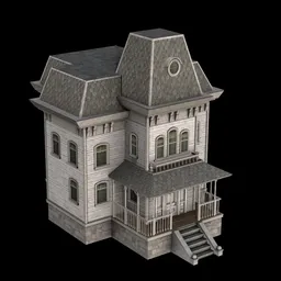 "Old Building 2" 3D model for Blender 3D. This beautiful old house features turrets and a staircase leading up to the roof. The American Gothic style and horror theme make it a perfect addition for any unused design or epic horror project.
