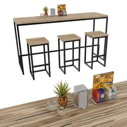 "Ultra-detailed restaurant bar stool and table 3D model for Blender 3D. Includes three stools, a table with a plant, and keycards on the table. Perfect for creating a realistic restaurant scene in your 3D project."