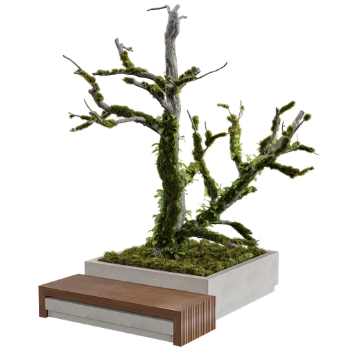 Realistic 3D model of mossy tree trunk with modern bench, created in Blender 3.6, available in .blend format.