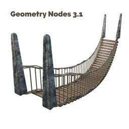 "3D Suspension Bridge Model for Blender 3D: Customizable rope bridge with wooden planks and metal railing. Perfect for urban street scenes, parkour-themed environments, and architectural projects. Easily modify parameters such as width, height, and endpoint positions."