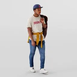 3D modeled young man with casual attire for use in Blender, sporting a cap, jacket, and sneakers.