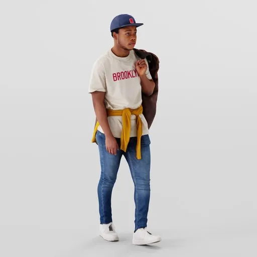 3D modeled young man with casual attire for use in Blender, sporting a cap, jacket, and sneakers.