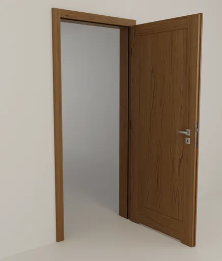 Detailed 3D wooden bathroom door partially open, designed for Blender, with pivot function for interior visualization.