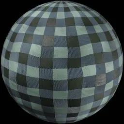 Black and blue checkered PBR fabric material for 3D rendering in Blender, with a seamless pleated texture.