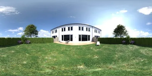 360-degree HDR panorama of a serene garden with house, green lawn, trimmed hedges, and purple flower accents for lighting scenes.