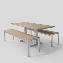 3D rendered model of a modern outdoor picnic table with two benches, designed for Blender.