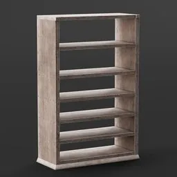 "Wooden Bookshelf Worn: a realistic 3D model of a bookshelf with multiple shelves, featuring a light grey crown and rough wood texture. Created by Ulan Cabanilla in Blender 3D, this high-quality furniture model is suitable for Blender 3D enthusiasts looking for a detailed and realistic addition to their projects."