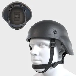 Detailed 3D model of combat helmet, suitable as Blender in-game asset, displayed on mannequin head.