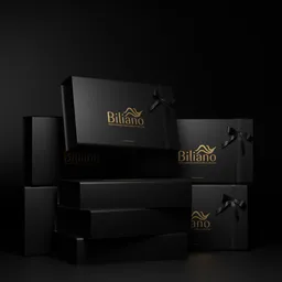 Luxurious 3D-modeled black gift boxes with golden logos, highlighted by soft lighting for product visualization.