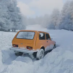 Niva stucked in snow in winter forest