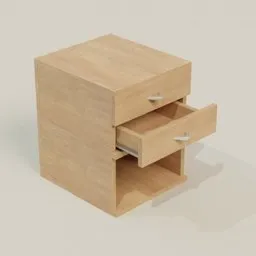 Wooden 3D model of a nightstand with open drawers, designed for Blender rendering, suitable for interior visualization.