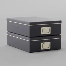 "Black Metal Rim Storage Boxes, a set of two black boxes with silver handles stacked on top of each other, showcased in an art deco furniture design. Perfect for Blender 3D, these storage boxes feature tonal topstitching and bring a touch of elegance with their black color and metal rim handles."