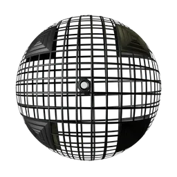 Black metal PBR texture for 3D rendering with a perforated pattern and subtle lighting reflections.