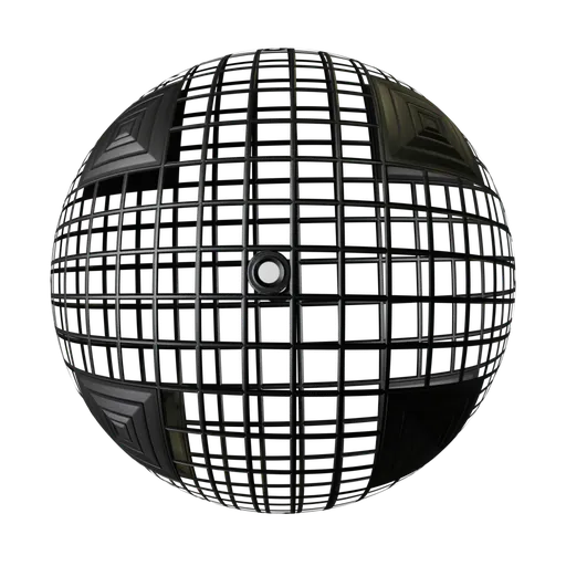 Black metal PBR texture for 3D rendering with a perforated pattern and subtle lighting reflections.