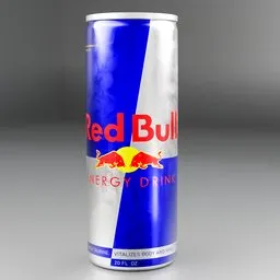"Photo-realistic 3D model of Red Bull energy drink for Blender 3D. Accurately scaled with highly rated rendering quality, featuring the iconic long wings and red branding on a clean, white background. Perfect for your energy drink product visualization needs."