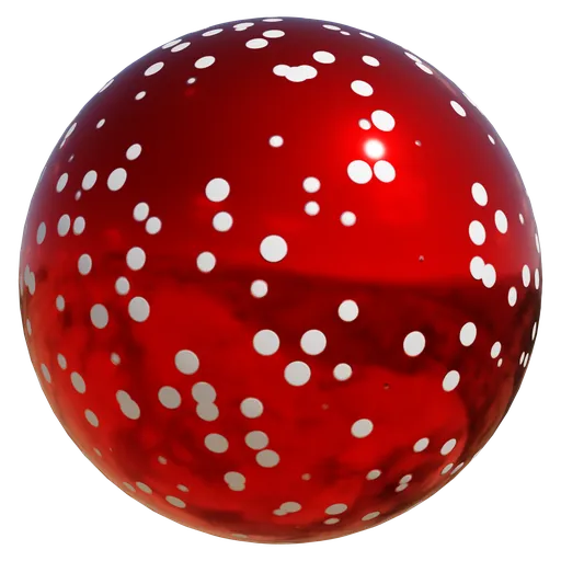 High-resolution PBR material with red and white spotted pattern for festive 3D rendering in Blender, EEVEE and Cycles compatible.