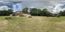 360-degree urban park HDR with blue sky, clouds, grass, trees, and wooden benches for realistic scene lighting.