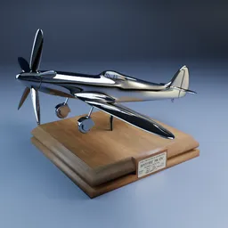 "Chrome Spitfire aircraft 3D model on polished wooden stand - Blender 3D sculpture. Award-winning sleek design with specular reflections and depth blur. Rendered with 3dexcite for a polished and precious metal finish".