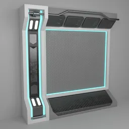 "Low poly Scifi Corridor Wall Modular 3D model for Blender 3D software. Featuring futuristic computer with blue light, iron arc gate door texture, and highly detailed character models. Perfect for sci-fi and space themed designs."