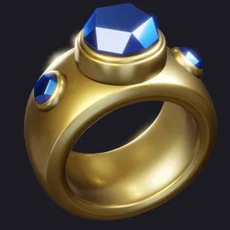 "Stylized 3D model of a cartoonish golden ring with a blue diamond gem accent, perfect for game art and Clash Royale or AOE2 enthusiasts. Untextured and intricately detailed, created by Hristofor Žefarović and Max Švabinský in Blender 3D."