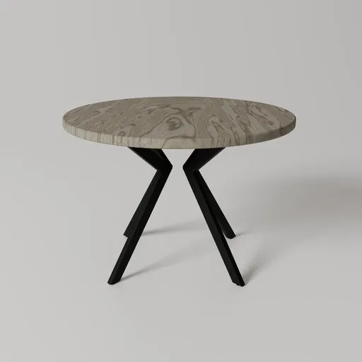 Realistic 3D model of a round wooden table with modern black steel legs suitable for Blender rendering.