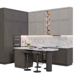 Detailed 3D kitchen model featuring modern appliances, marble surfaces, and stylish cabinetry designed in Blender 3.6.