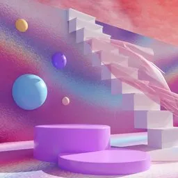 Surreal 3D fantasy scene with white stairs, flowing cloth, and celestial wall in pastel hues for Blender artists.