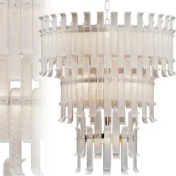 Alt text: "Chandelier Rodeo Drive L designed by Philipp Plein with a unique checkmate rendering in soft pale tones featuring twinkling and spiral nubela and gear aurora elements. Translucent greebles in a colonial boho style studio with high lights. Blender 3D model for ceiling light category."