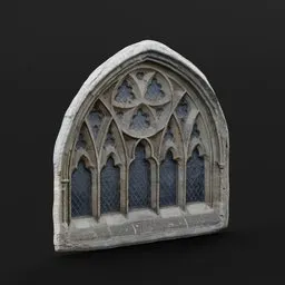"Low-poly photo-scan of an old stone church window, ideal for Blender 3D projects. This heavily gothic ornamental window features a blue glass and a stone arch, and it's suitable for both museum exhibits and architectural visualizations."