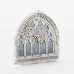 "Low-poly photo-scan of an old stone church window, ideal for Blender 3D projects. This heavily gothic ornamental window features a blue glass and a stone arch, and it's suitable for both museum exhibits and architectural visualizations."