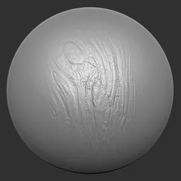 3D wood texture sculpting brush effect for Blender, showcases detailed wood grain pattern on a spherical surface.