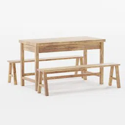 Detailed wooden 3D model of a rustic medieval-style table with benches, suitable for Blender rendering.