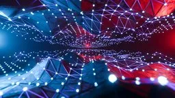 3D sci-fi fantasy scene with dynamic lighting, geometric structures, and simulated motion effects.