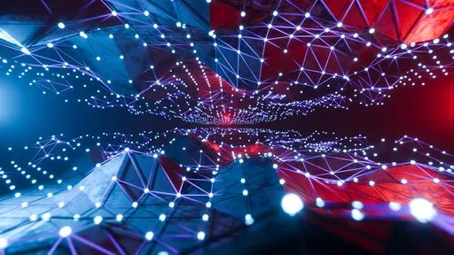 3D sci-fi fantasy scene with dynamic lighting, geometric structures, and simulated motion effects.