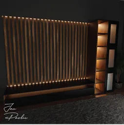 3D rendered wooden TV cabinet with LED lighting and bookshelf, showcasing modern design with frosted glass for home decor.