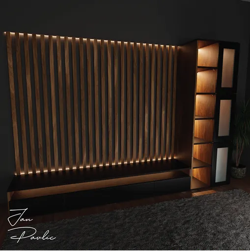3D rendered wooden TV cabinet with LED lighting and bookshelf, showcasing modern design with frosted glass for home decor.