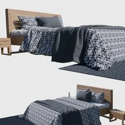 Alt text: "Bed #2 MINIMALYS, a 3D model for Blender 3D by Tikamoon. Featuring a blue covered bed with tribal patterns, wood print, and a black and white color scheme. Rendered using Unreal Engine and Octane Render, this minimalistic bed design is inspired by Gonzalo Endara Crow and offers an Ikea-style aesthetic with a pine color scheme and repeating fabric pattern."