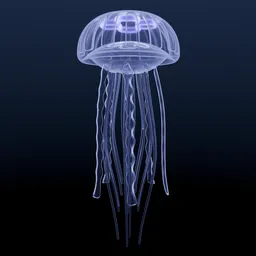 Illuminated jellyfish 3D model with translucent tentacles, suitable for underwater Blender scenes.