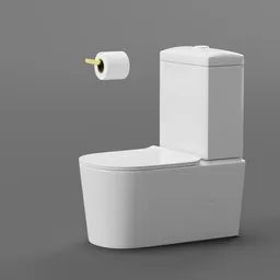 "White modern toilet with toilet paper, 3D model for Blender 3D inspired by Gu Kaizhi and Vija Celmins. High quality stock picture with enormously detailed product design render, perfect for mechanical design and CAD projects. Trending on artforum and compatible with Samsung SmartThings and Google Parti resolution."