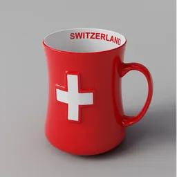 High-quality Swiss-themed red mug 3D model with a white cross, perfect for Blender rendering and kitchenware design.