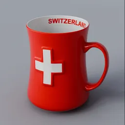 High-quality Swiss-themed red mug 3D model with a white cross, perfect for Blender rendering and kitchenware design.