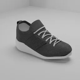"Grey fabric texture modern sneakers with white sole, inspired by Lydia Field Emmet, ideal for athletic crossfit build. 3D model for Blender 3D made with sleek flowing shapes and running shoe design."