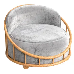 Highly detailed Blender 3D model of a modern, realistic cask-style armchair with velvety texture and wooden frame.