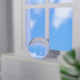 Detail-rich 3D-rendered indoor scene featuring a crystal ball on a window sill, with plants and serene blue skies.