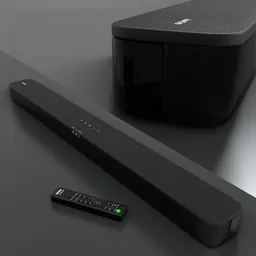 Realistic Blender 3D model of wireless Sony sound bar with remote, optimized for audio equipment visualizations.