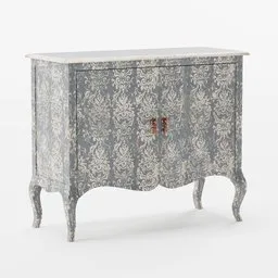 Detailed traditional-style 3D model of a distressed blue commode with ornate patterns, compatible with Blender 3D.