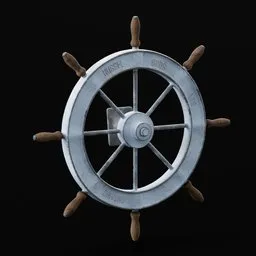"Metal helm wheel inspired by a 1930's shipbuilder, with realistic wooden handles. High-quality PBR 2K textures included. Perfect for Blender 3D modeling and game design projects."