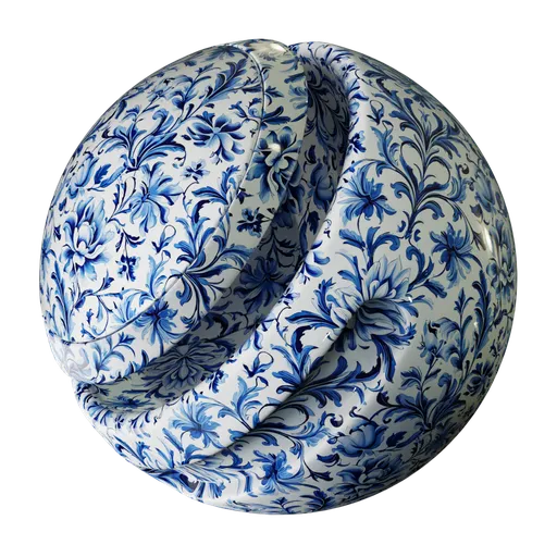 High-quality PBR Blue Willow Porcelain texture for 3D rendering, featuring intricate floral patterns ideal for virtual ceramics.