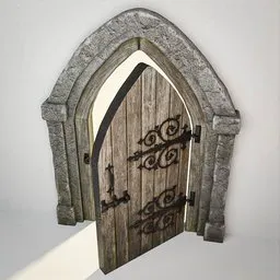 Detailed low-poly 3D medieval gothic door model with PBR textures, suitable for Blender rendering.